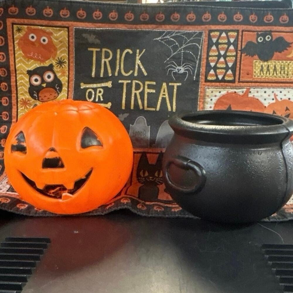 1980s Halloween Lot: Mini Blow Mold Cauldron, Pumpkin Head, Placemat